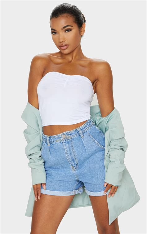 White Ruched Front Bandeau Crop Top Tops Prettylittlething Ie