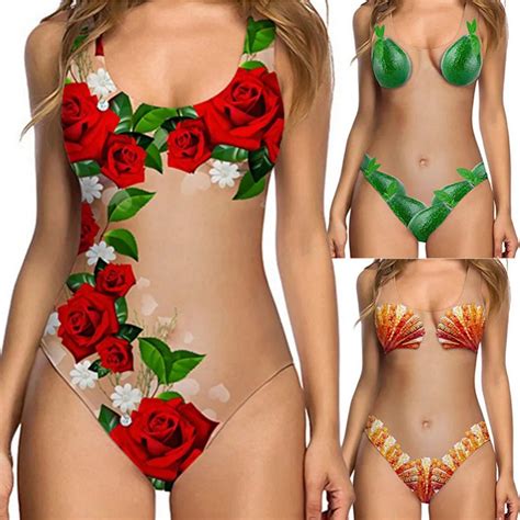 Hot Women One Piece See Through Swimsuit Beachwear Printed Swimwear Push Up Monokini Bikini