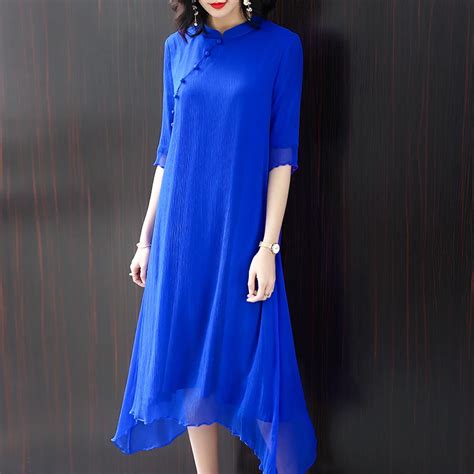 Womens Chinese Dress Plus Size Silk Dresses Mandarin Collar 34 Sleeve Irregular Loose Qipao
