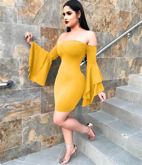 beautiful latinas sexy morena latino fashion trend mini off the shoulder bodycon dress yellow