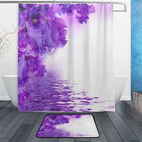 Purple Flower Shower Curtain And Mat Set Floral Irises Waterproof