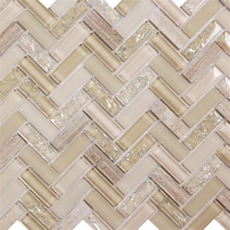 Herringbone Ivory Mosaic Glass Tile With Cracked Clear And Frosted