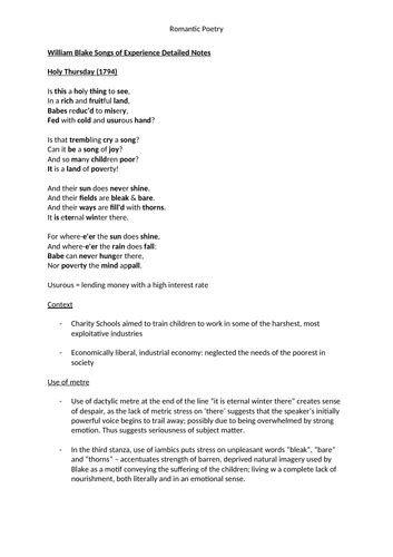 A Level Edexcel English Literature The Romantics William Blake Poems Notes Teaching Resources