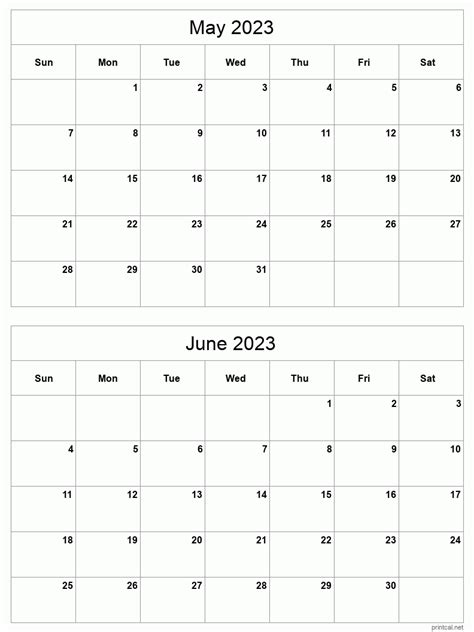 May To June 2023 Printable Calendar Two Months Per Page Printable