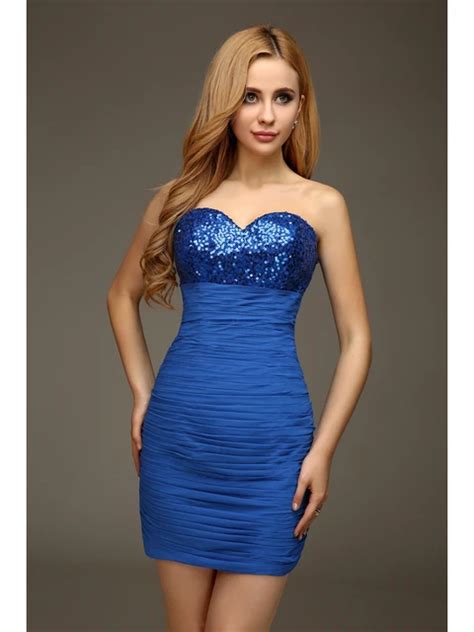 Simple Royal Blue Homecoming Dresses Sequins Ruched Chiffon Short Mini Prom Dresses Sweetheart