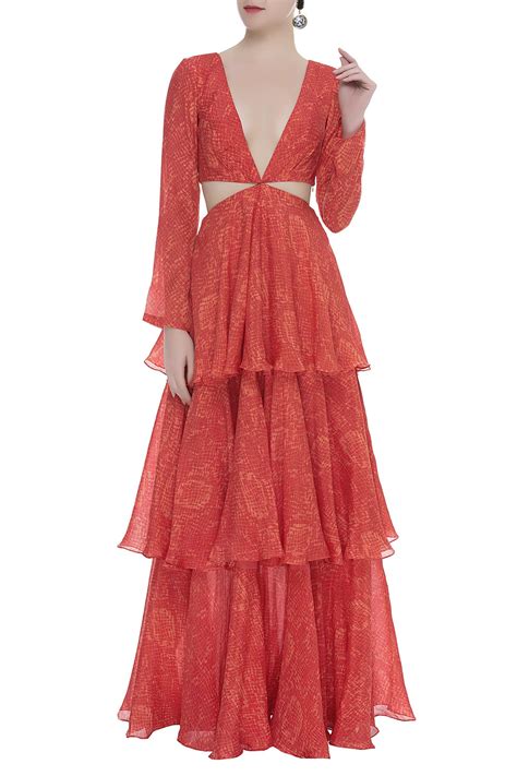 Buy Printed Cutout Ruffle Dress by Deme by Gabriella at Aza Fashions ...