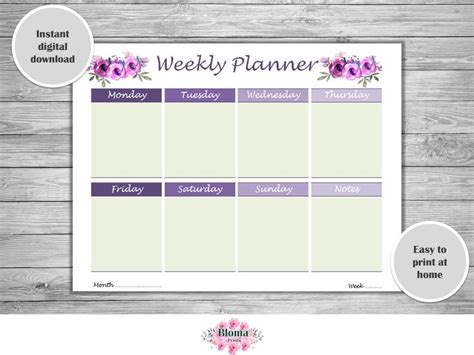 Weekly Planner Purple Download Floral Planner Printable Etsy Pink
