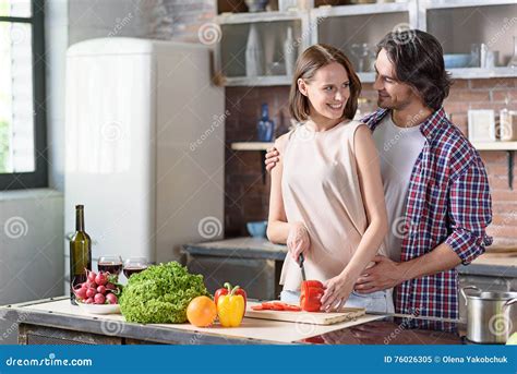 Cheerful Husband And Wife Preparing Romantic Dinner Stock Image Image Of Cutting Male 76026305