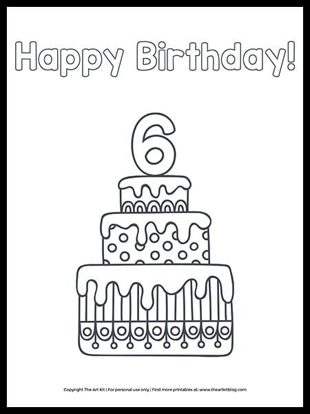 Free Printable Happy 6th Birthday Cake Coloring Page The Art Kit