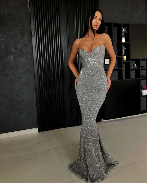 Classy Glitter Silver Long Dress Formal Mermaid Ball Gowns Sunifty