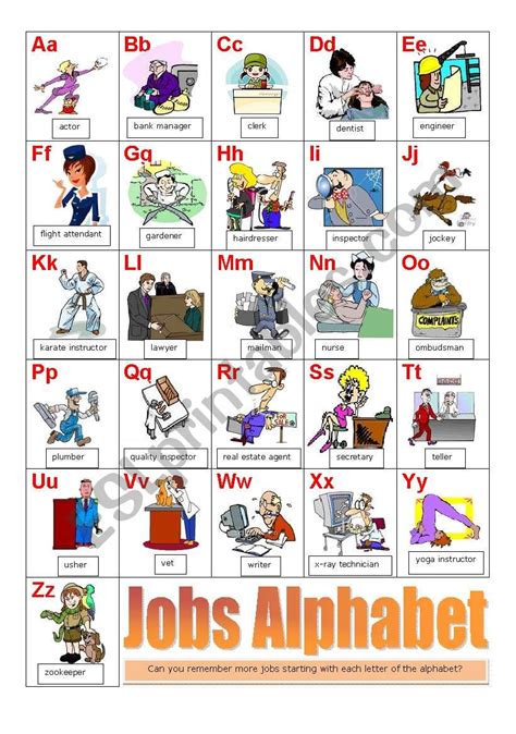 English Worksheets Jobs Alphabet