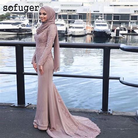 muslim hijab evening dresses long sleeve lace mermaid elegant purple evening gown saudi arabic