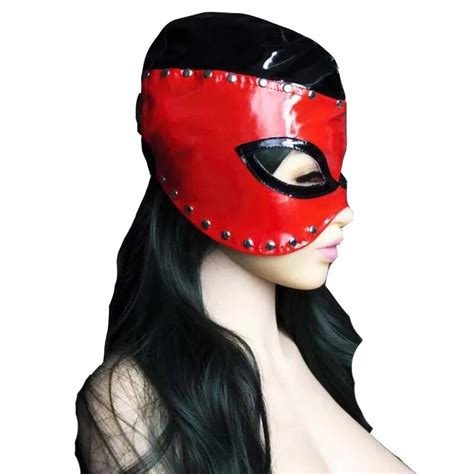 Latex Look Red Patent Leather Fetish Hood Wetlook Half Face Mask Black Lined With Metal Rivets