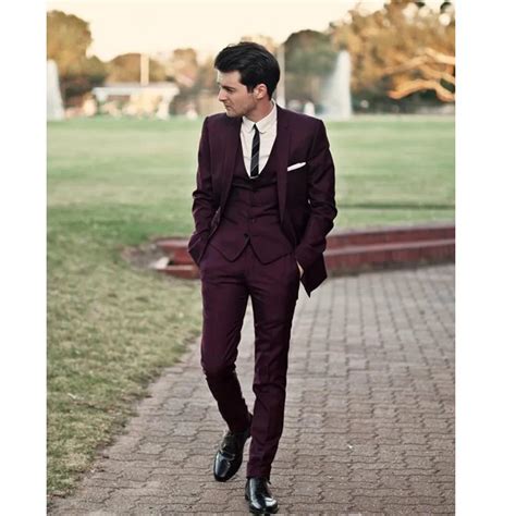 Terno Smoking Burgundy Wedding Suits For Men Frim Fit Notched Lapel