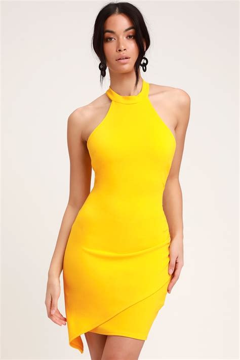 Sexy Yellow Dress Ruched Dress Bodycon Dress Halter Dress Lulus
