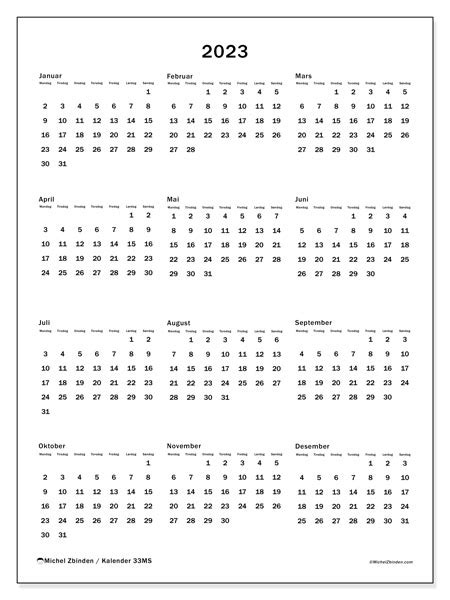 2023 Kalender For Utskrift “36ms” Michel Zbinden No