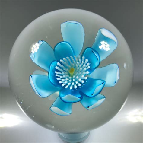 Vintage Murano Art Glass Paperweight Crimp Rose Style Blue Flower And Co