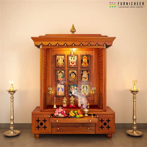 Solid Wood Handcrafted Pooja Mandir With Shutters Accessorised With