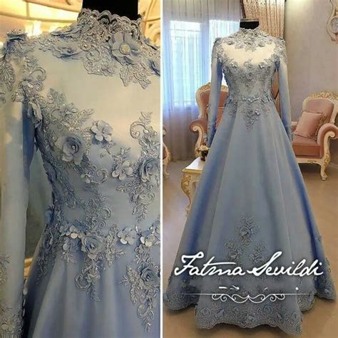 Modest Light Blue Muslim Evening Dress With Long Sleeves 3d Flowers Saudi Arabia Lace Appliques