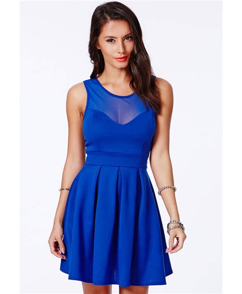 Missguided Colette Cobalt Blue Skater Dress With Mesh Detail In Blue Lyst