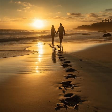 Puesta De Sol Rom Ntica Escena En La Playa Pareja Caminando De La Mano