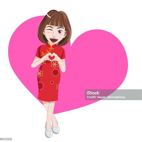 Karakter Kartun Remaja Gadis Berpakaian Merah Untuk Tahun Baru Cina