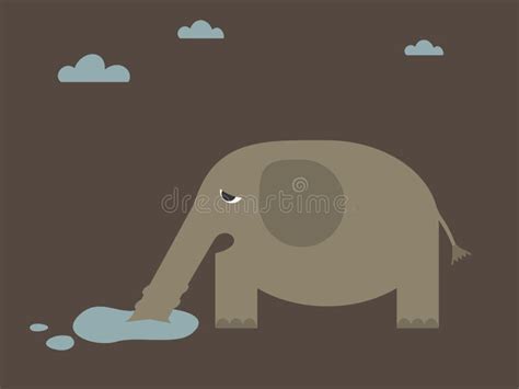Elephant Drinking Water From Pot Cartoon Blue Lines Stock Vector
