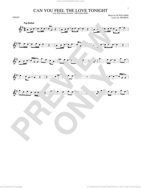John Can You Feel The Love Tonight From The Lion King Sheet Music For Violin Solo