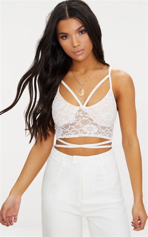 White Lace Harness Detail Bralet Tops Prettylittlething Ie
