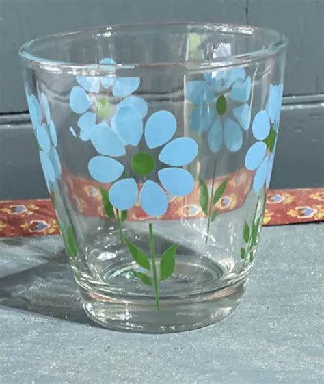 Vintage Hazel Atlas Sour Cream Glass Blue Green Stem Flowers Pint