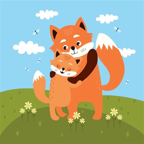 Free Vector Mom And Baby Fox Hug In The Meadow