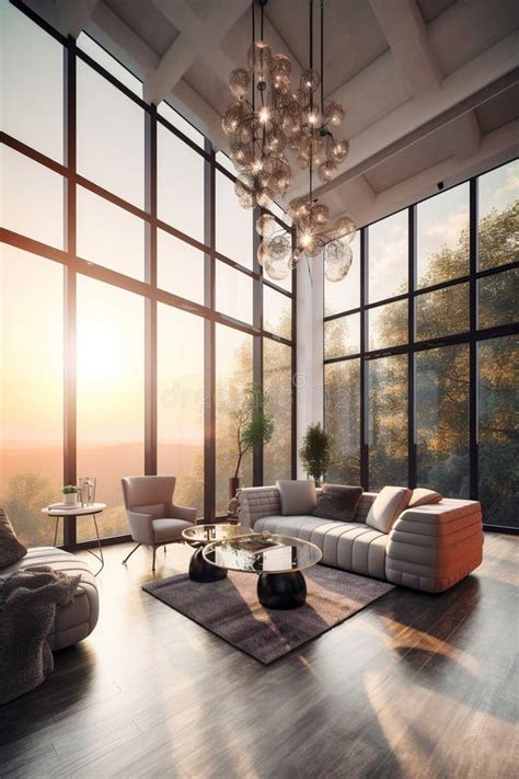 Spacious Bright Living Room With Panoramic Windows Ai Generated Stock