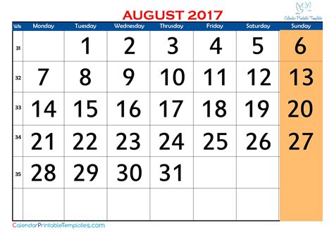 2017 August Calendar August