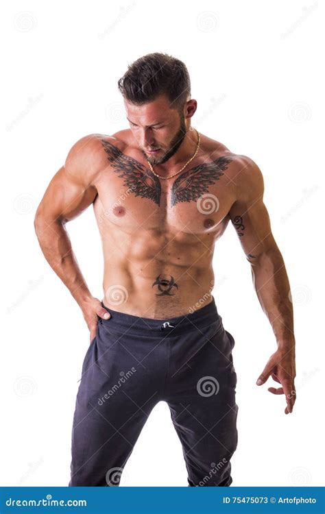 Handsome Topless Muscular Man Standing Isolated Stock Image Image Of