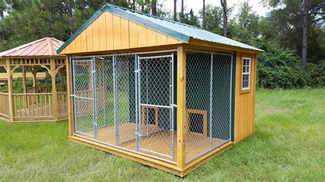 11 X 12 Double Run Dog Kennel With Green Tin Roof Front Side Angle View