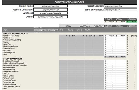 Construction Budget Template Excel Sample Templates