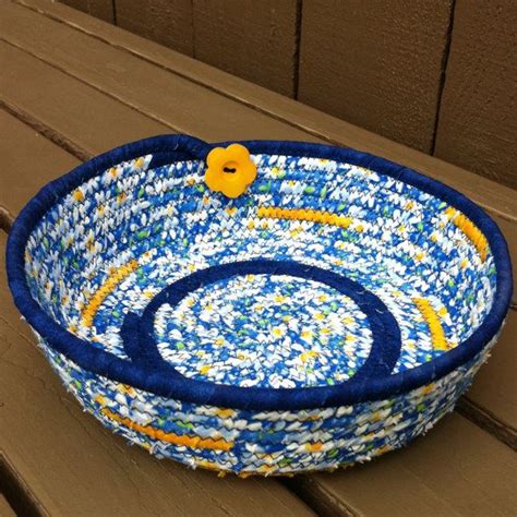 Fabric Coiled Basket Bowl In White And Blue With Touches Of Yellow