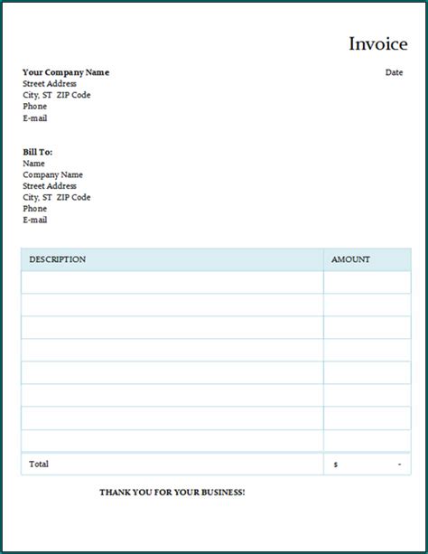 Generic Invoice Template Word Database