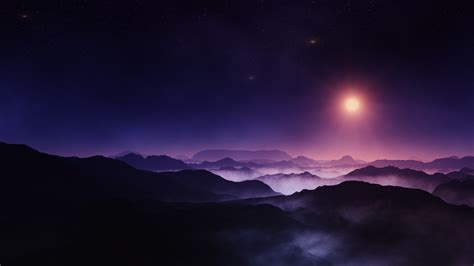 Nature Landscape Midnight Sun Mountain Starry Night Mist