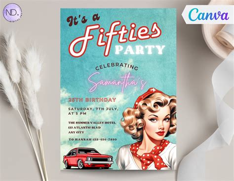 Pin Up Birthday Party Invitation Editable Fifties Style Party Etsy Uk