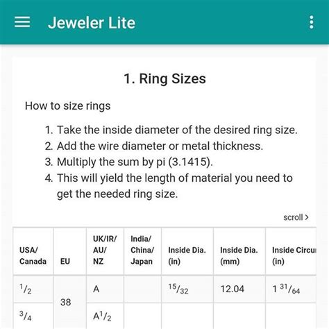 With this simple application you can know what your ring size. Detailed ring size chart in the #jewelerpro app. Download ...