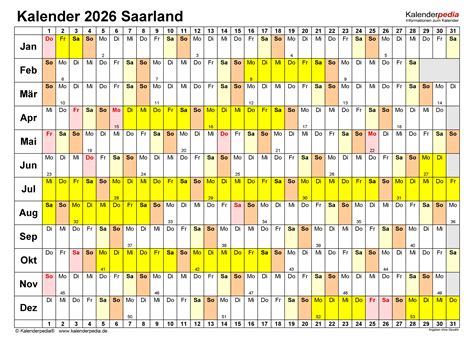 Kalender 2026 Saarland Ferien Feiertage Excel Vorlagen