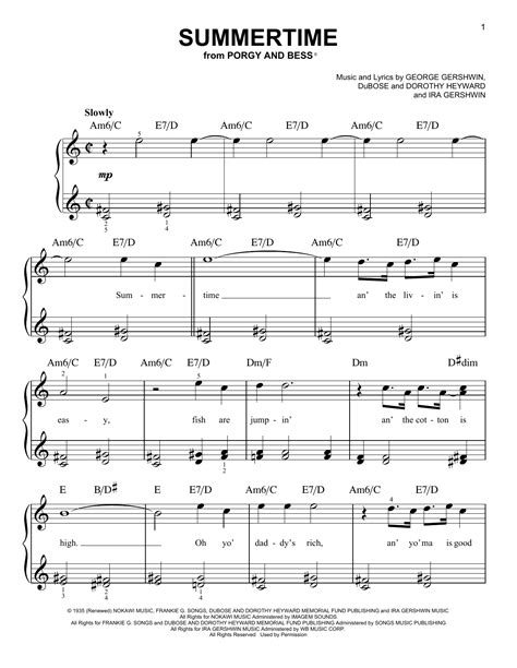 Summertime Sheet Music George Gershwin Very Easy Piano