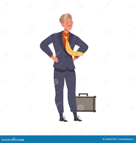 Moustached Man Chief In Formal Suit Standing With Arms Akimbo Vector Illustration Stock Vector
