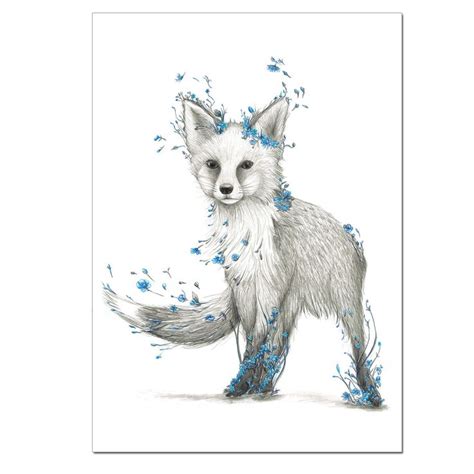 Fox Print With Blue Flowers Hardtofind Fox Artwork Fox Art Fox Tattoo