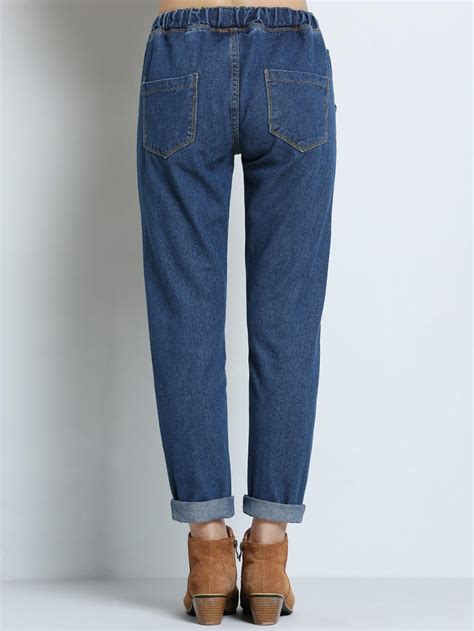 Blue Elastic Waist Loose Denim Pant Sheinsheinside