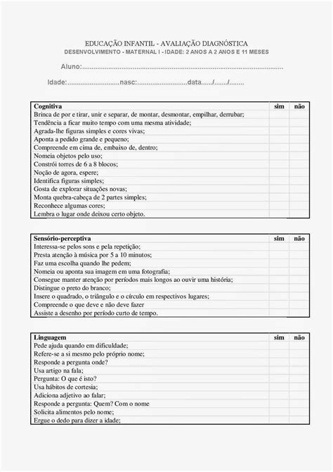 Fichas de avaliação diagnóstica Berçário I e II Maternal I e II Fases I e II