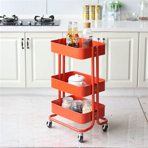 3 Tier Heavy Duty Metal Rolling Utility Cart Mobile Storage Organizer Trolley Cart For Home
