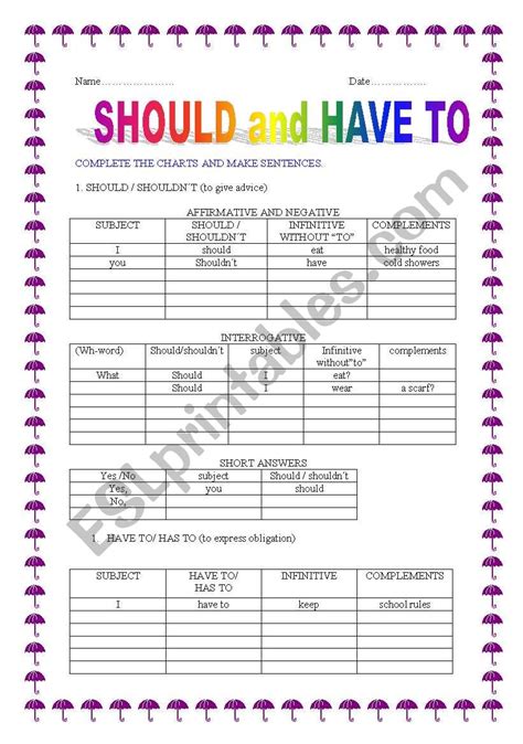 English Worksheets Should And Have To