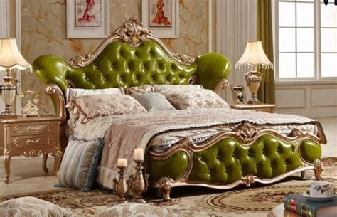 Luxury Olive Green Leather Wood Carving Soft Bed Gorgeous
